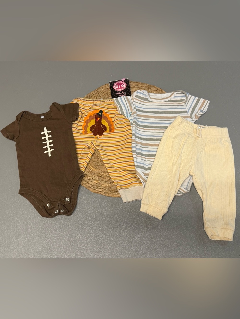 3-Piece Baby One-Piece & Pants Set - Striped Tan, Yellow & Brown